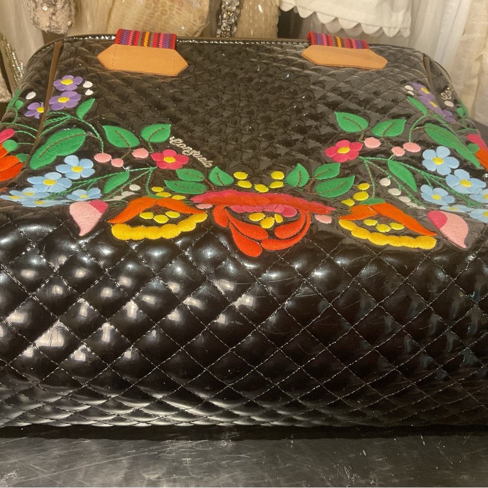 Quilted Black Floral Embroidered Tote Bag with Multicolor Handles - Picture 4 of 7